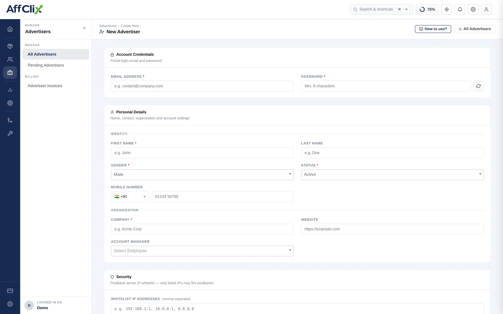 AffClix new advertiser form showing account credentials, identity fields, organisation details and a security block with a postback IP whitelist field