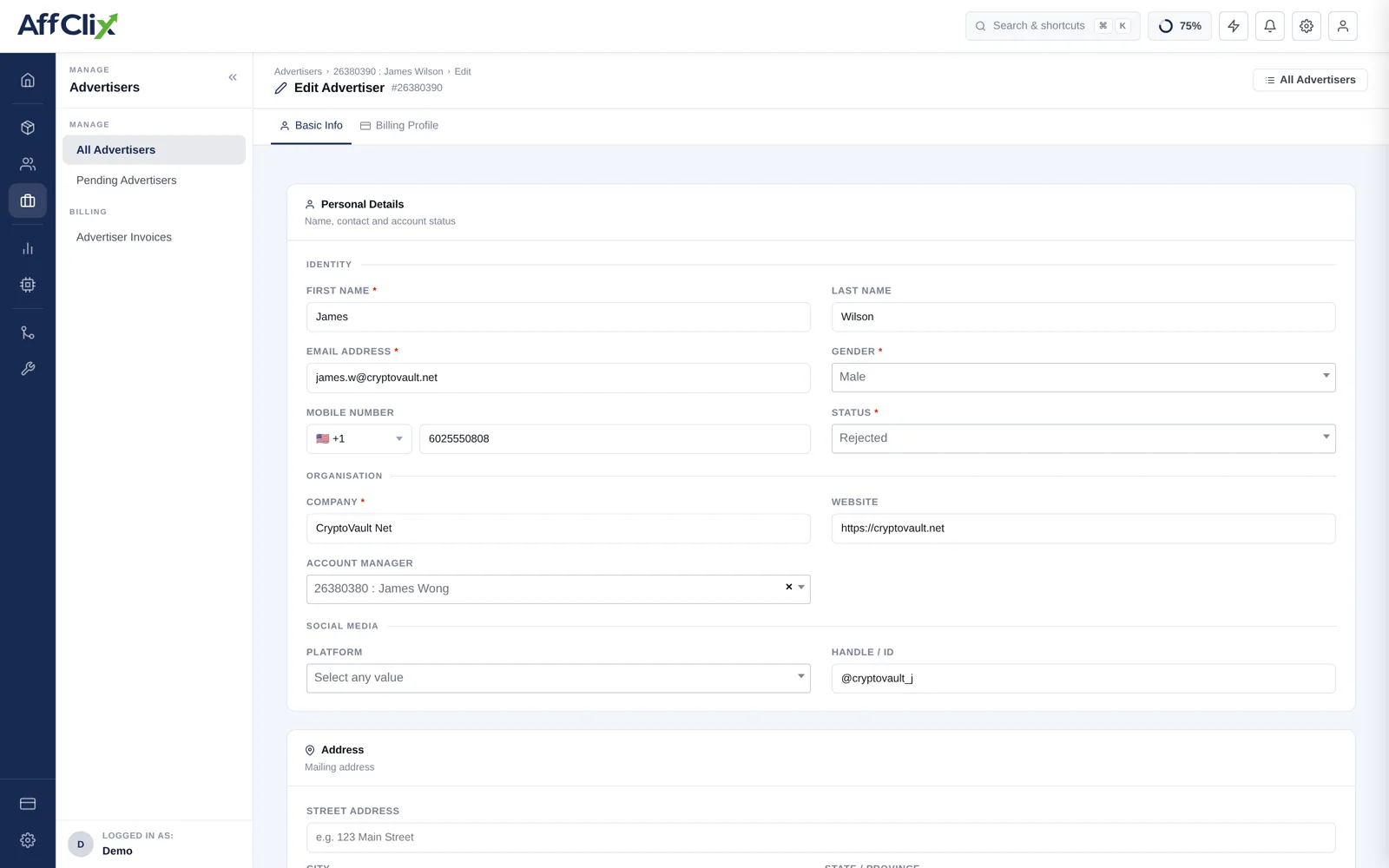 AffClix advertiser edit form with existing identity, organisation, account manager and security whitelist values populated