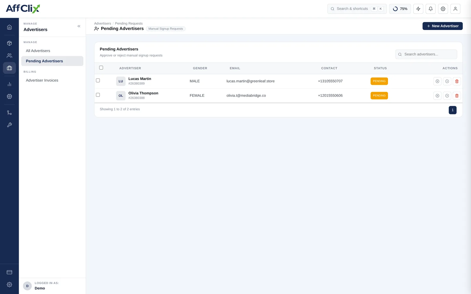 AffClix pending advertiser requests screen listing accounts awaiting approval with contact details and approval actions