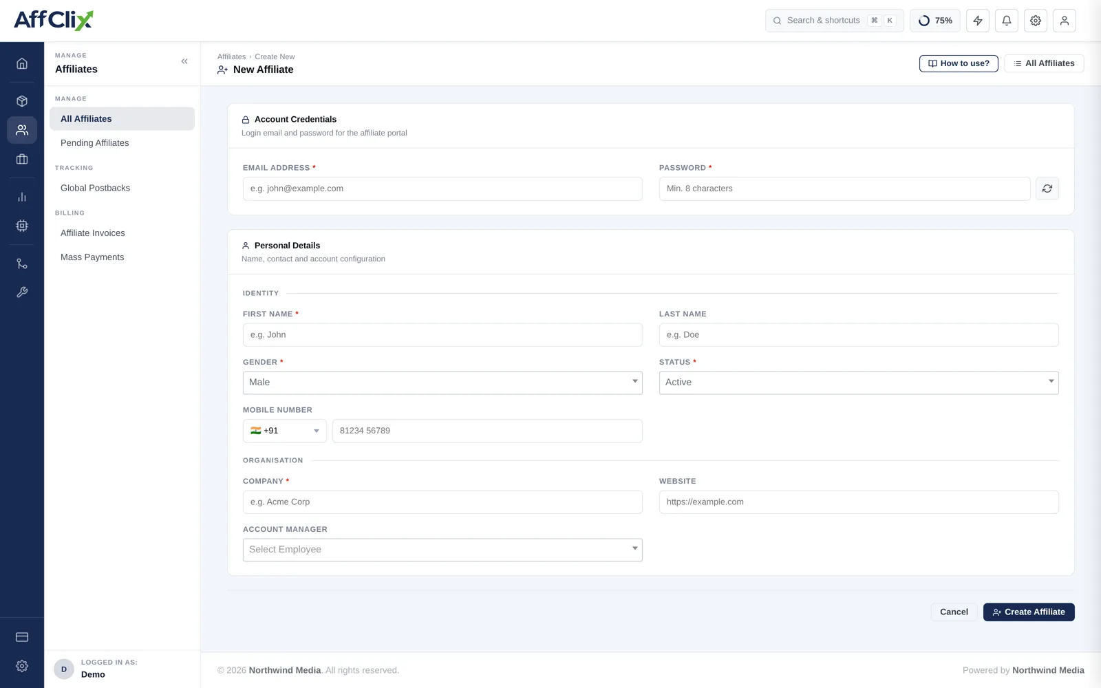AffClix new affiliate form showing account credentials, identity fields, status, mobile number and organisation details