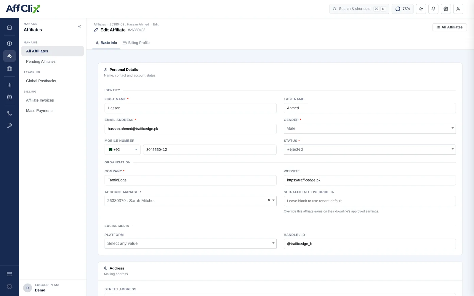 AffClix affiliate edit form showing existing identity, contact, organisation and account manager values populated for an affiliate