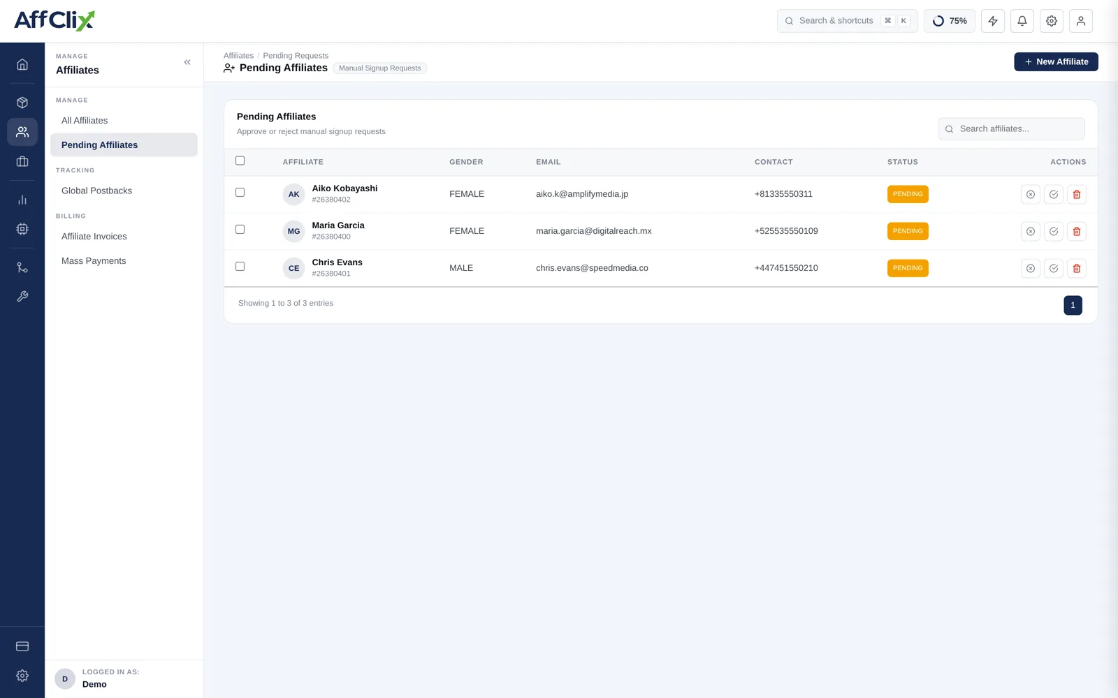 AffClix pending affiliate requests screen listing accounts awaiting approval with their details and approve or reject actions