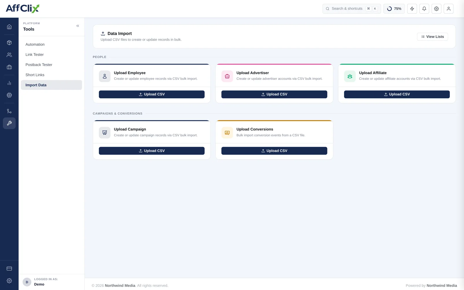 AffClix Data Import screen with upload cards for employee, advertiser, affiliate, campaign and conversion CSV imports grouped under People and Campaigns and Conversions