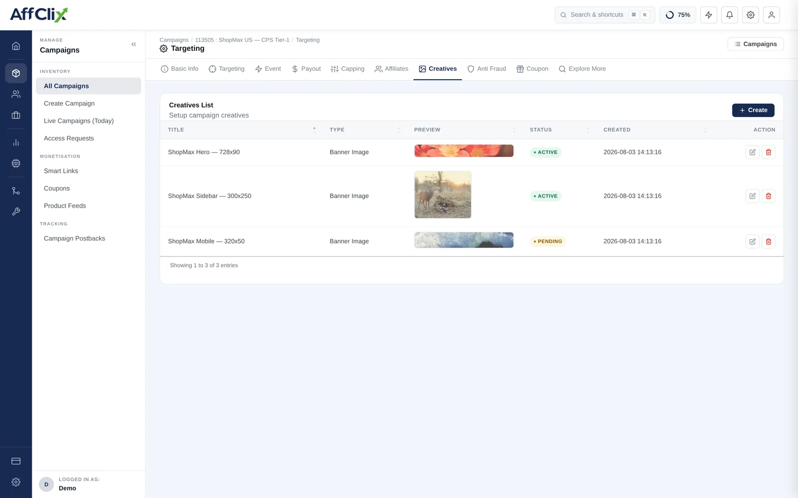 Creatives list on an AffClix campaign showing three banner images in different sizes with type, preview thumbnail, status and creation date columns