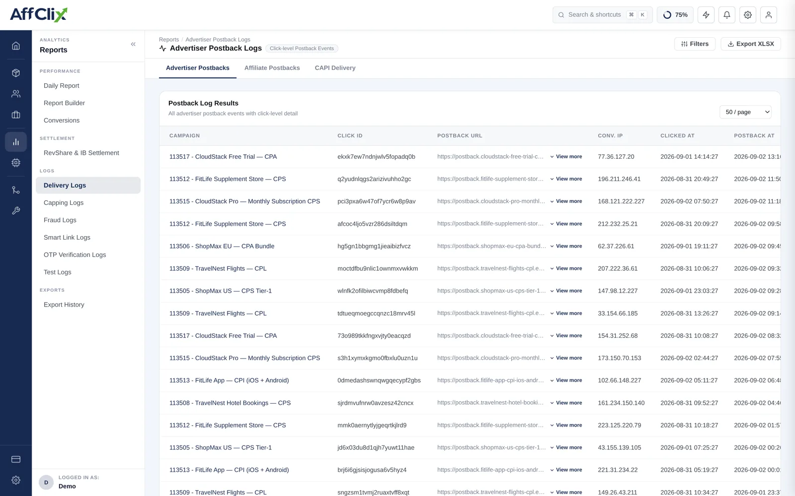 AffClix advertiser postback log listing campaign, click ID, full postback URL, calling IP, blocked IP and first seen timestamp for each received postback
