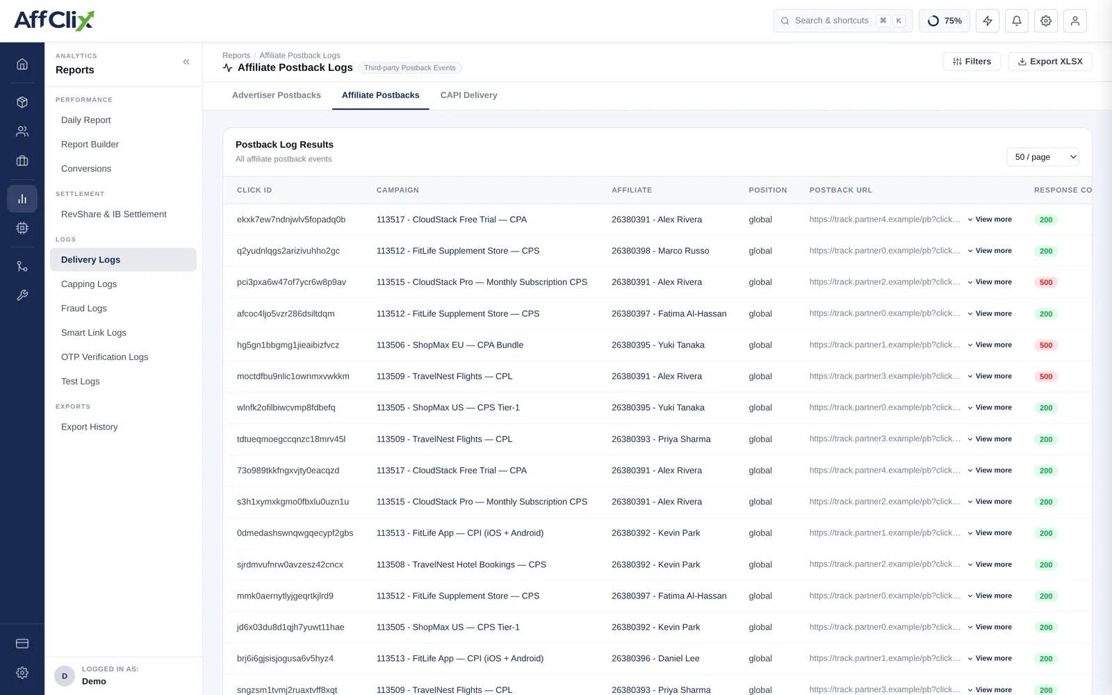 AffClix affiliate postback log showing click ID, campaign, affiliate, position, the postback URL called and the response received