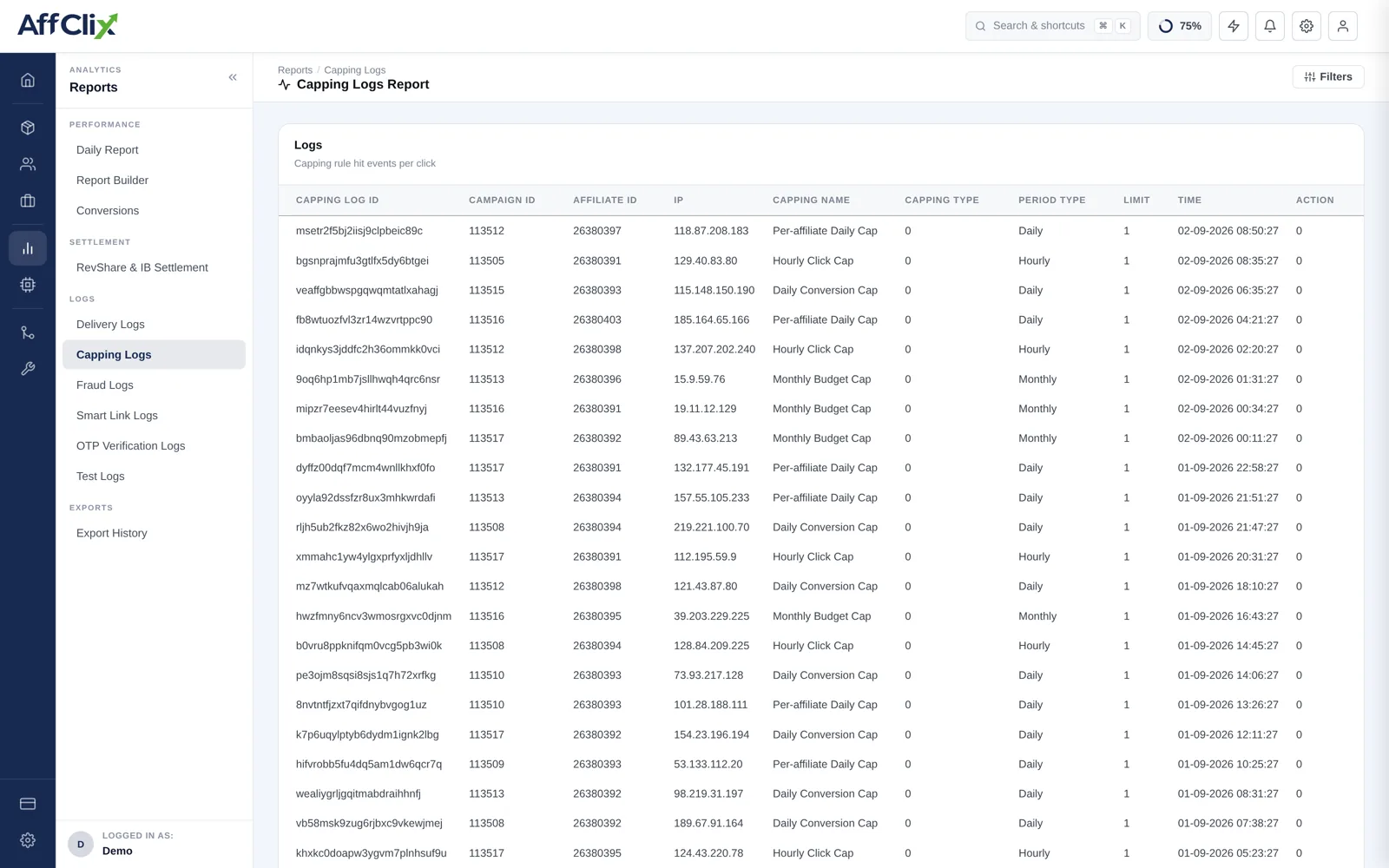 AffClix capping log listing capping ID, campaign ID, affiliate ID, IP, cap name, capping type, period, limit and the timestamp each cap was reached