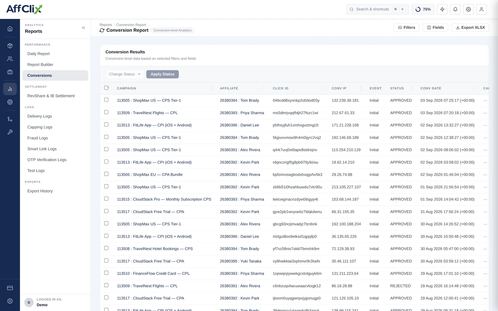 AffClix conversion report showing rows with campaign, affiliate, click ID, daily IP, event, status and event name columns
