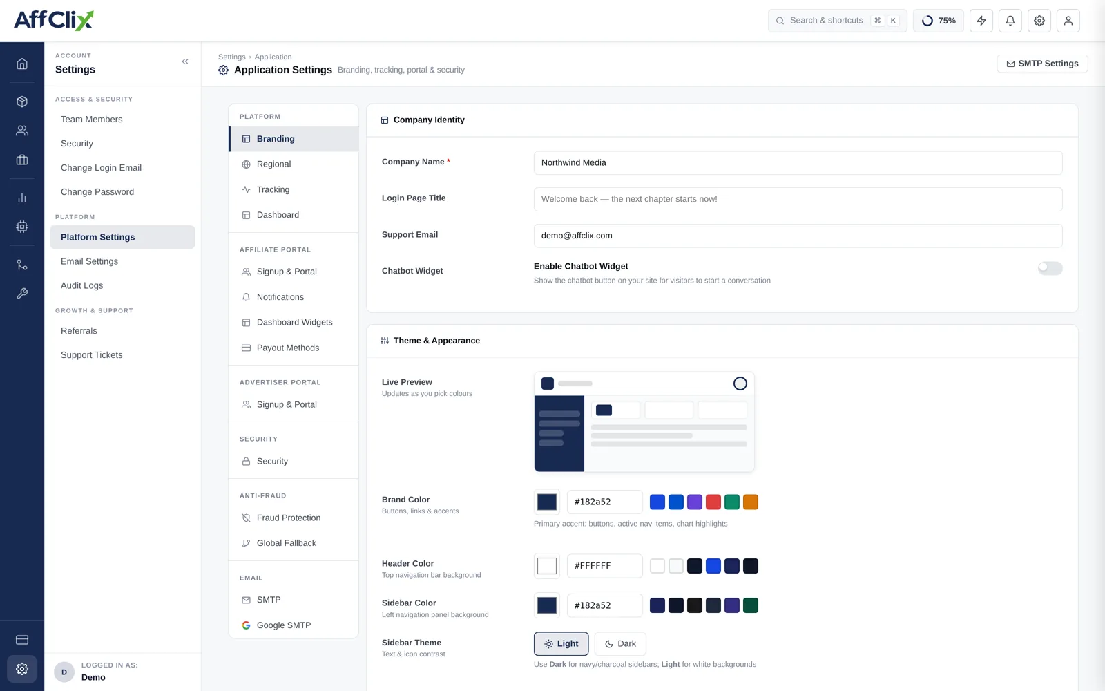 AffClix general settings screen showing branding options including logo upload, colour palette and portal appearance controls