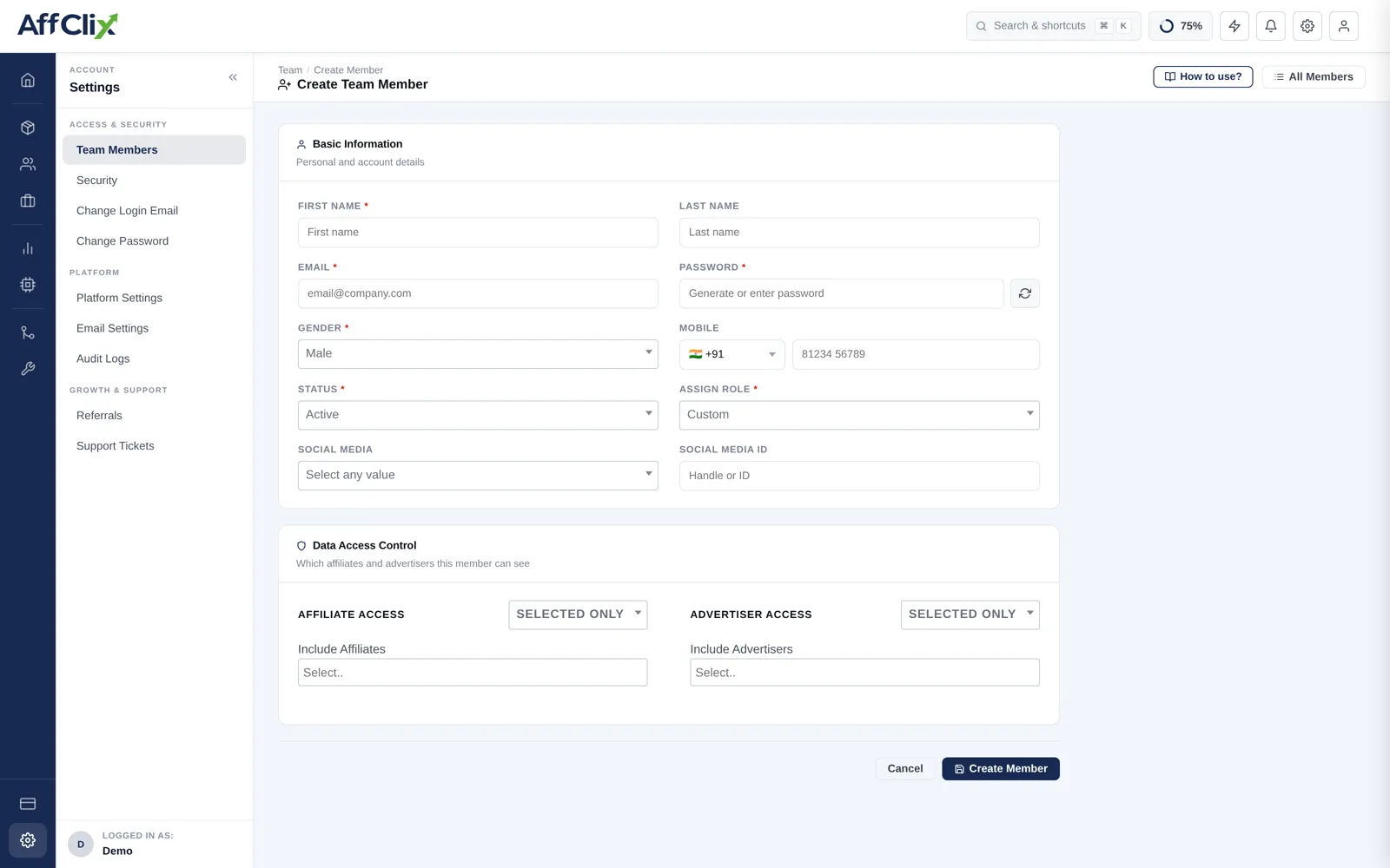 AffClix create team member form showing basic information fields, role selector, social media contact and a data access control block for affiliate and advertiser visibility
