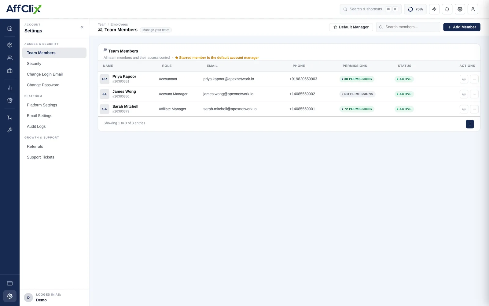 AffClix team members list showing staff accounts with their assigned roles, contact details and status
