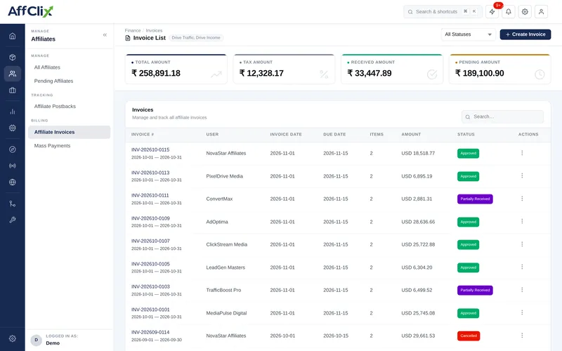 AffClix affiliate invoice list with totals, tax, received and pending amounts and invoice status