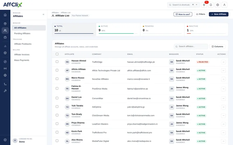 AffClix affiliate list with company, email, account manager and status for each partner