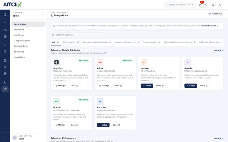 AffClix integrations hub showing AppsFlyer, Adjust, Kochava, Singular, Branch and AppTrove mobile attribution connections